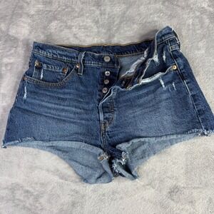 Levis 501 Denim Shorts Womens 32 Dark Wash Blue Distressed Raw‎ Hem Button Fly